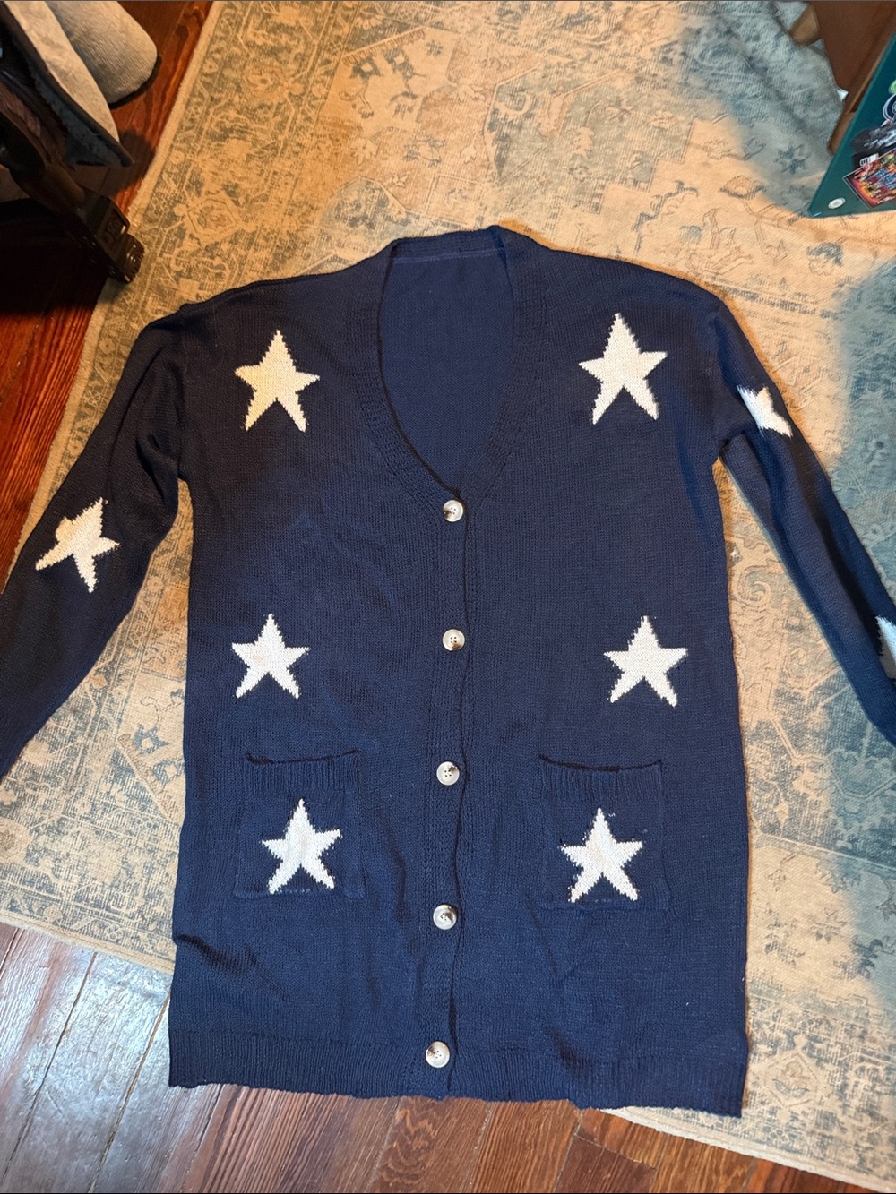 Women's Navy Star Button-Front Cardigan Sweater
